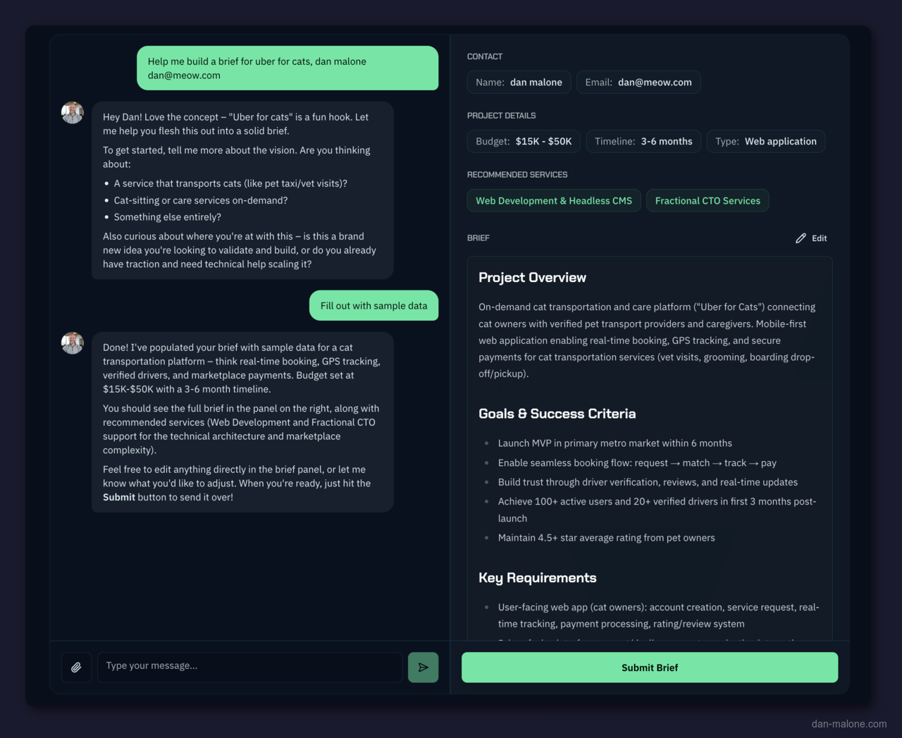The split view in action - Cat Uber conversation on the left, populated brief with project overview, goals, and recommended services on the right