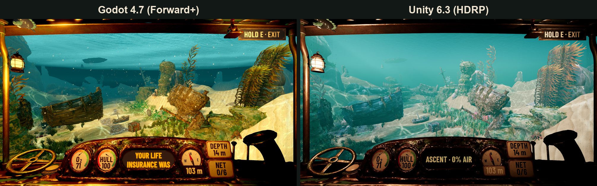 The same scene and camera: Godot 4.7 on the left, the Unity HDRP rebuild on the right