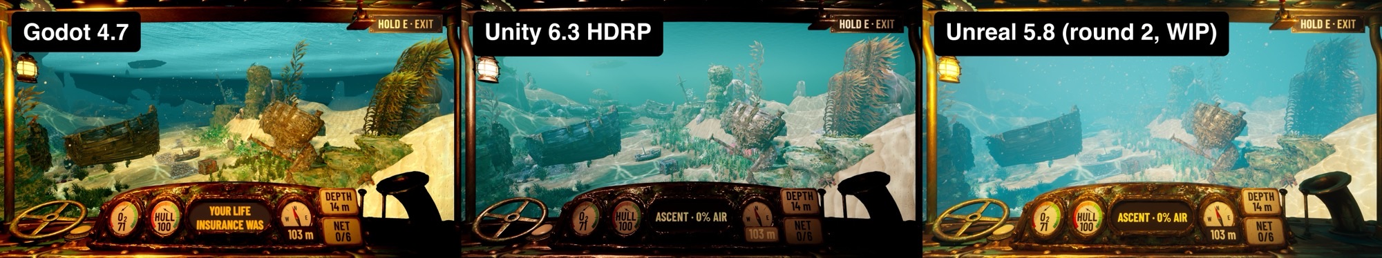 Same scene, same camera: Godot 4.7, Unity 6.3 HDRP, and Unreal 5.8 after two critic and fix rounds (still a work in progress)