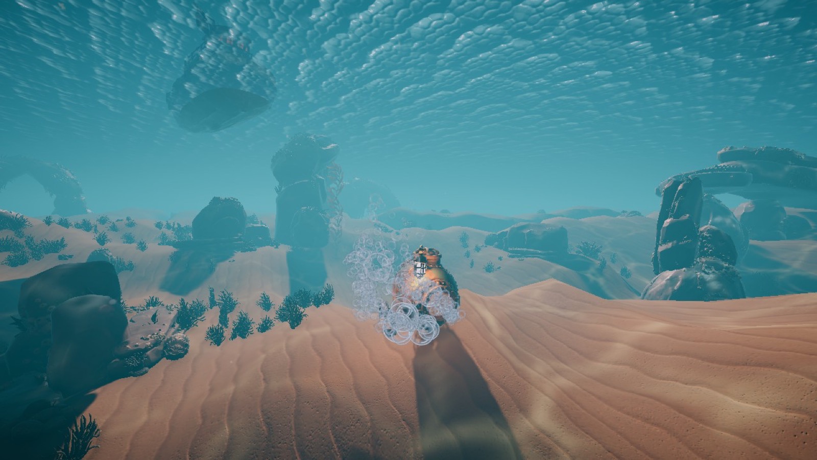 The Unity 6.7 URP port game on main: the sub crossing the dunes, captured headless through the bridge
