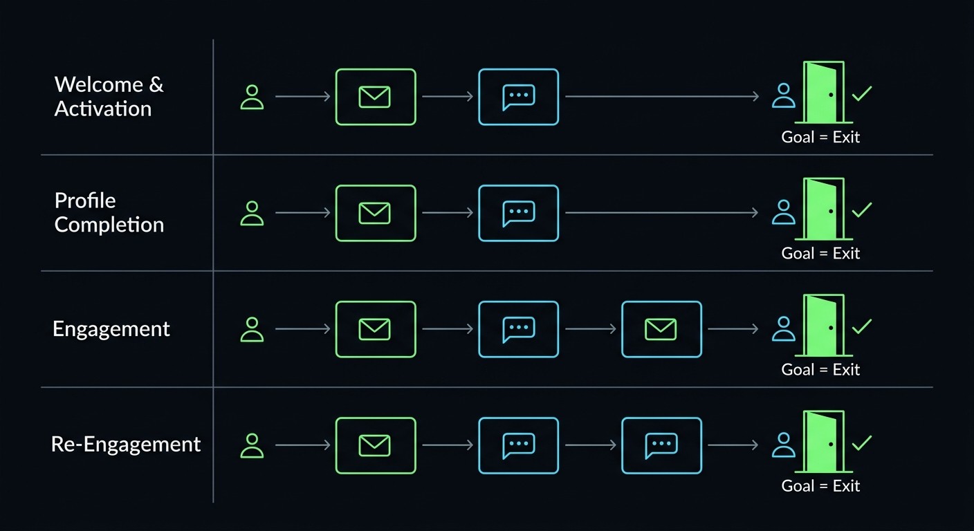 The four lifecycle journeys — each one ends with goal = exit