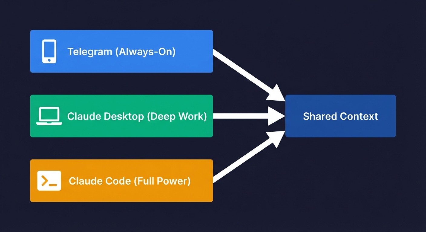 Mission Control's three-layer architecture: Telegram for always-on, Claude Desktop for deep work, Claude Code for full power — all sharing context