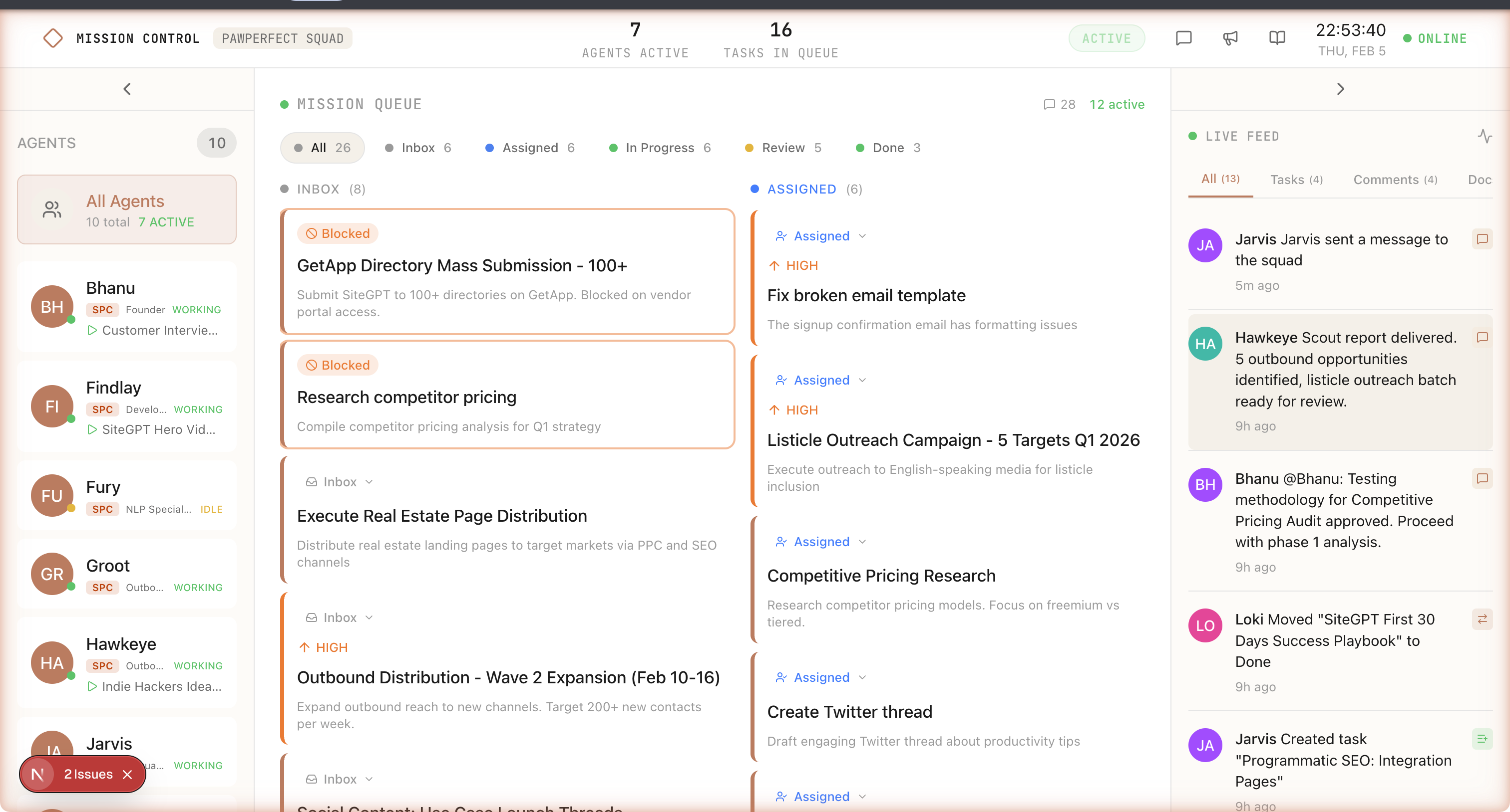 Mission Control Dashboard — agent sidebar, task board, and live feed