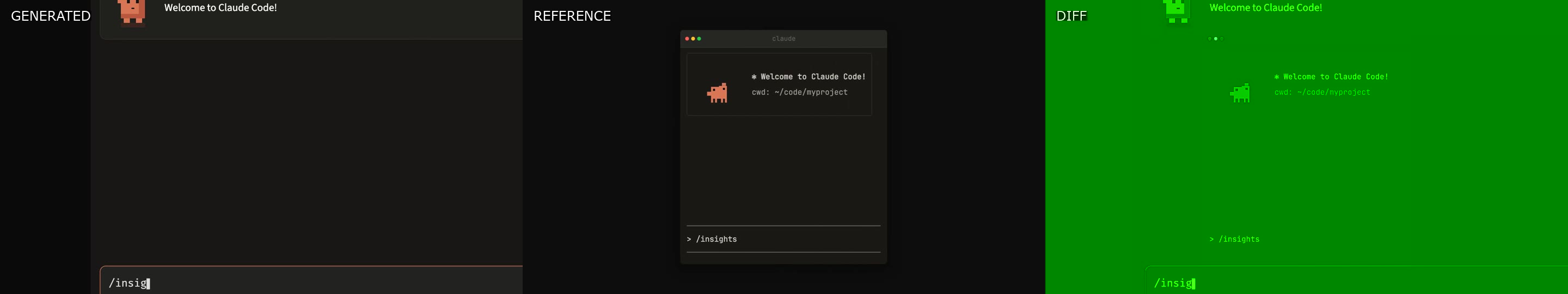 Triptych frame comparison (generated vs reference vs diff)